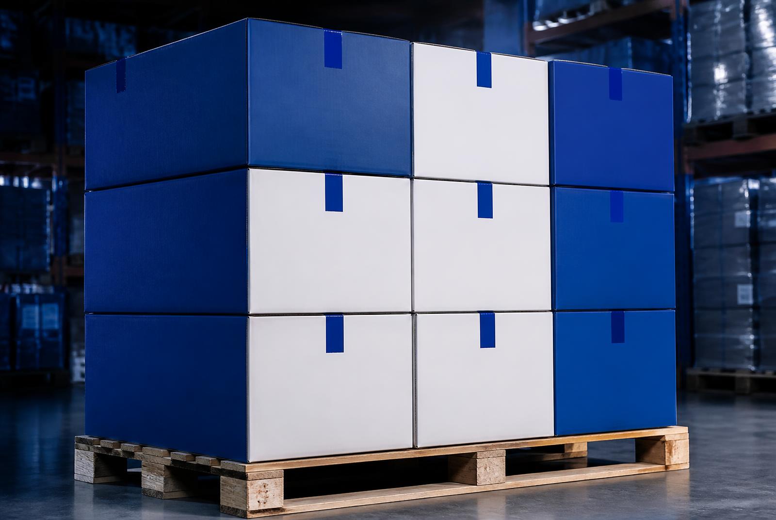 Navy and white distribution cartons stacked on a pallet