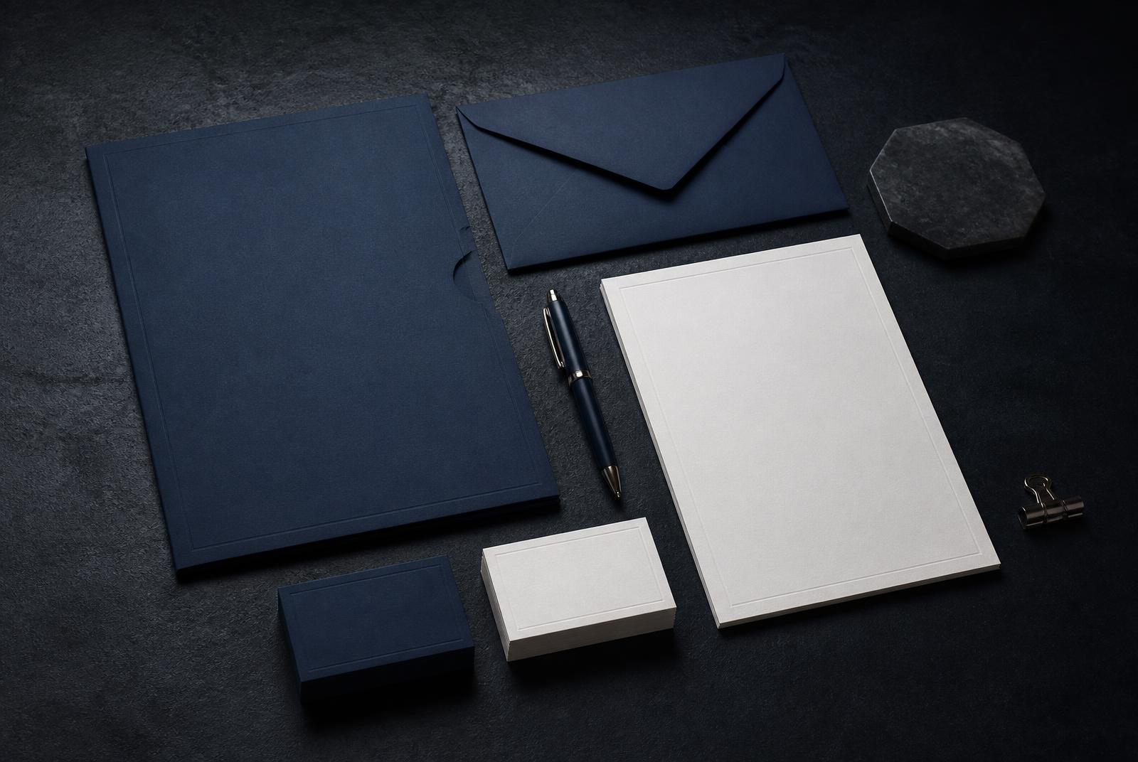 Navy and white corporate stationery arranged on a dark surface