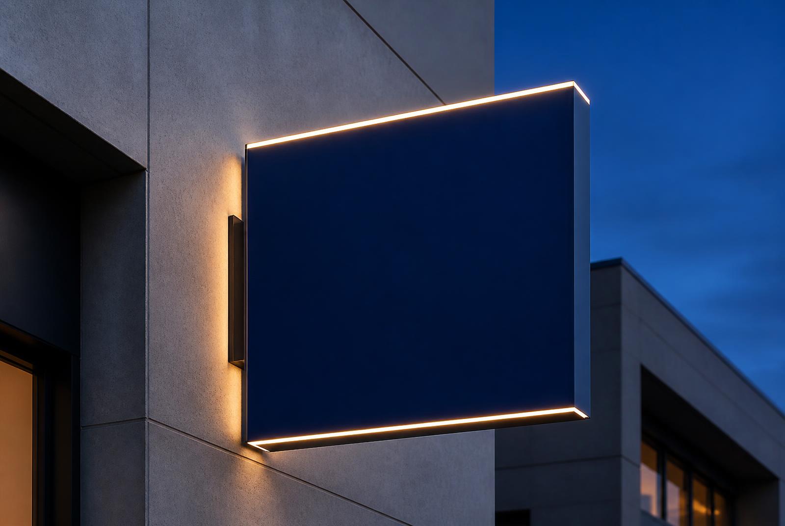 Illuminated navy signage box on a concrete facade at dusk