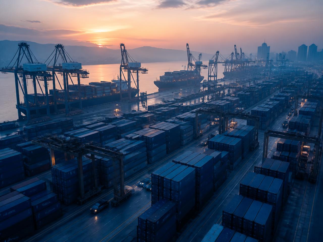 Container port at dawn in blue tones representing importation and freight