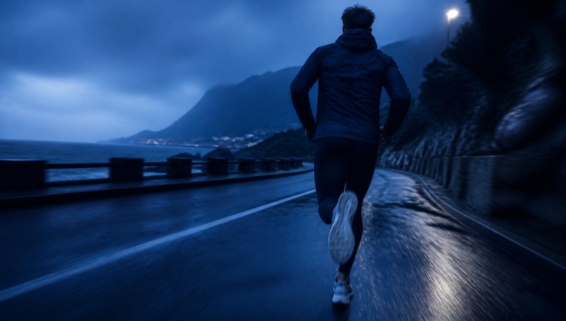 Athlete running along a coastal road at first light