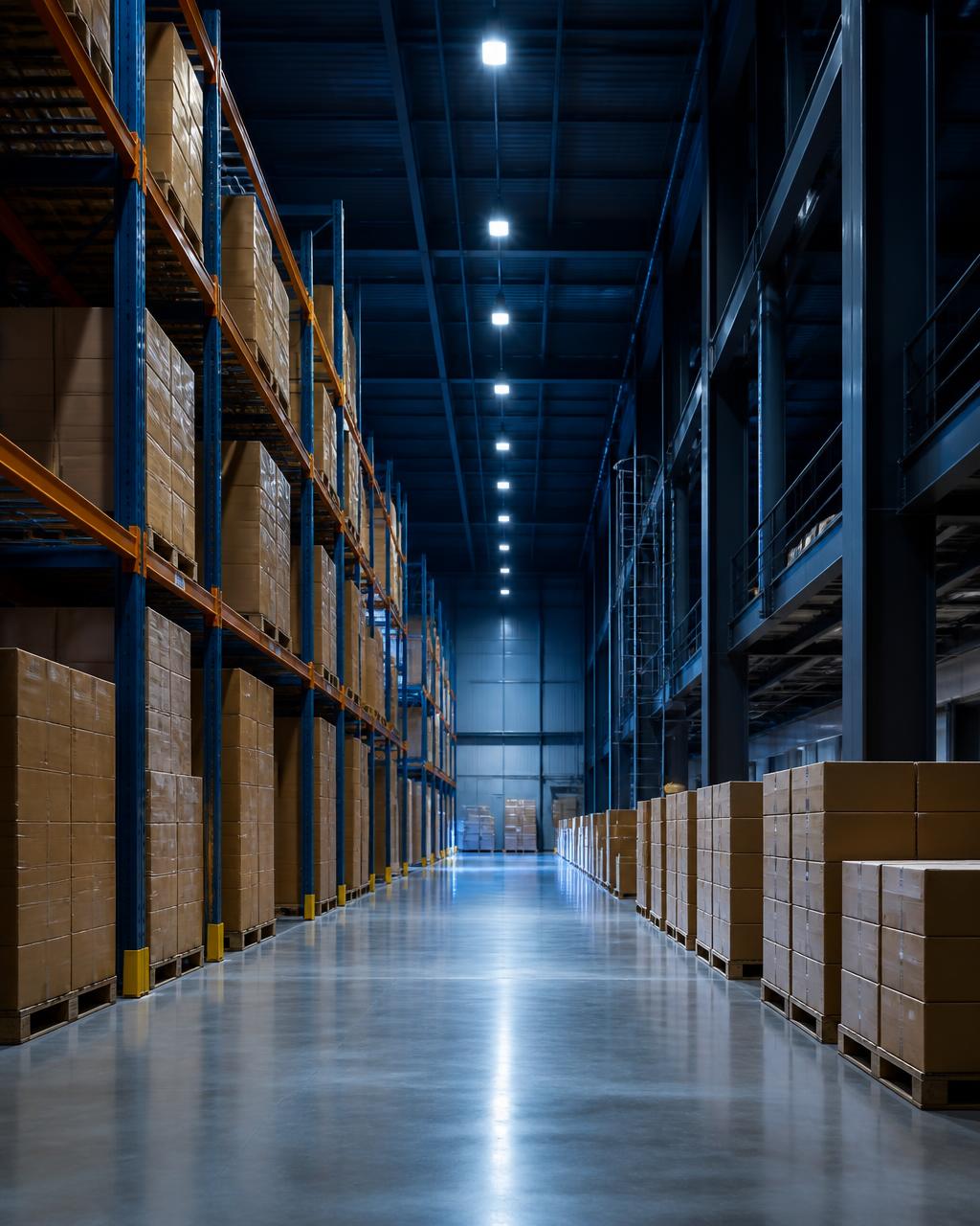 Distribution warehouse aisle in blue light
